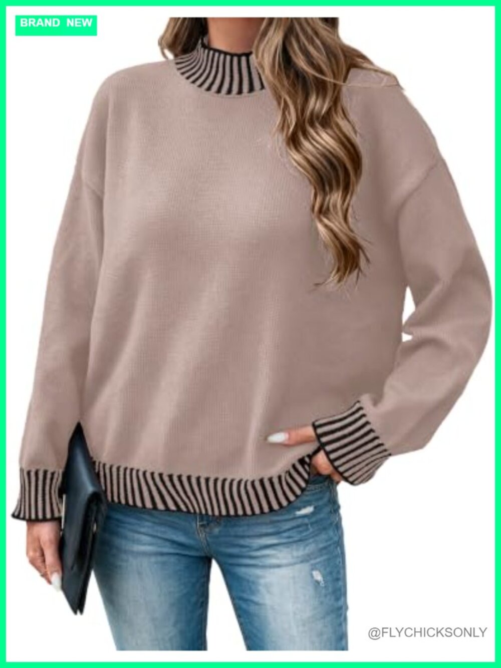 Oversized Turtleneck Striped Pullover Sweater Ribbed Knit